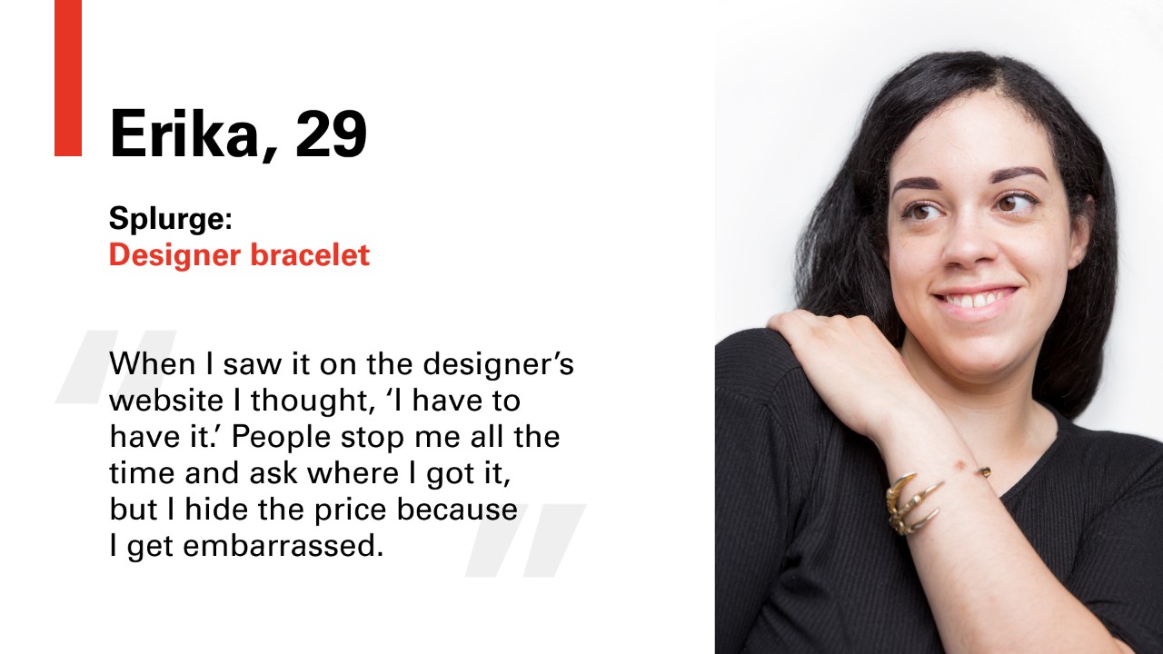 Erika, 29. Splurge: Designer bracelet. When I saw it on the designer's website i thought, 'I have to have it.' People stop me all the time and ask where I got it, but I hide the price because I get embarrassed.